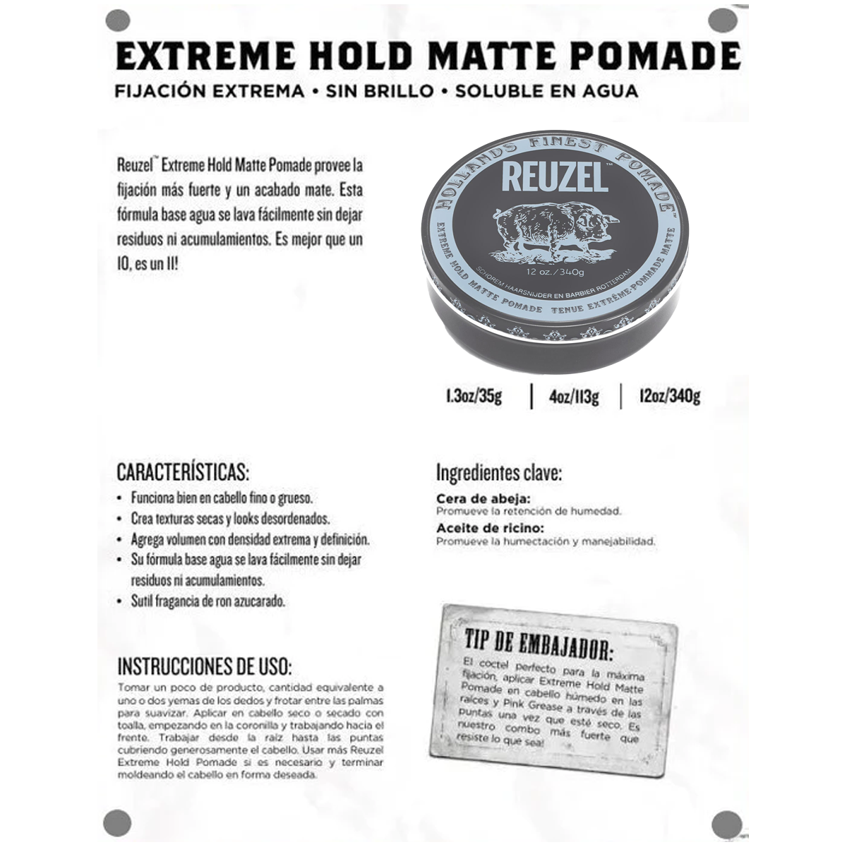 Pomada Reuzel Extreme Hold Matte Para Peinar 113g