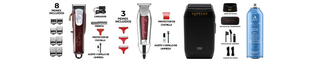 Equipamiento para hacer fade: Wahl Magic Clip, Wahl Detailer, Supreme Trimmer Crunch y Cool Care Andis