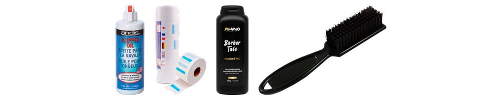 Insumos esenciales para barbería: aceite Andis, papel de cuello, talco Rhino y cepillo Brush Fade