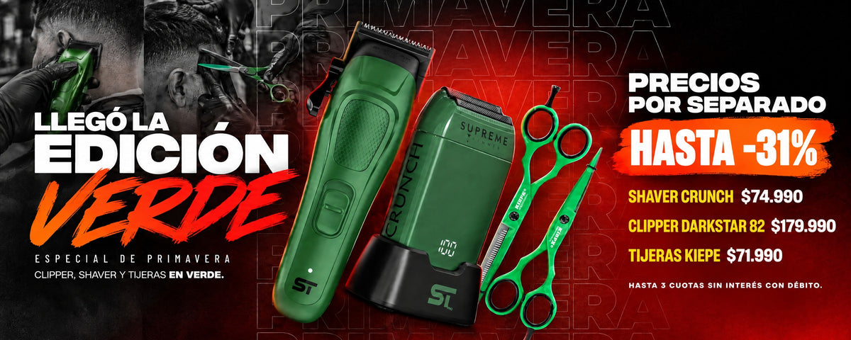 Edición Verde de primavera, precios por separado: Shaver Crunch $74.990, Clipper Darkstar 82 $179.990 y Tijeras Kiepe $71.990