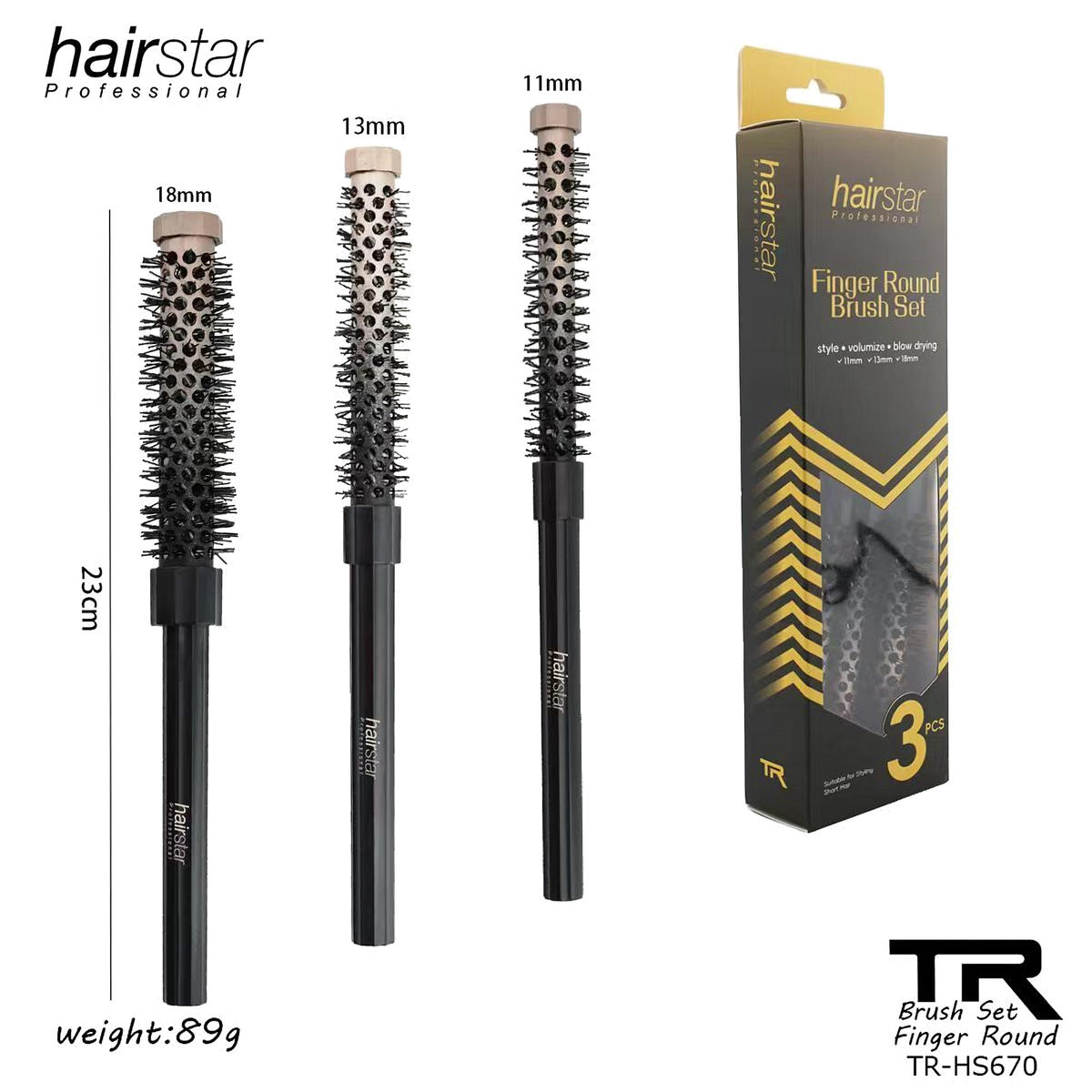 Set 3 Cepillos Redondos Hairstar Finger Round Brush Set 11, 13 y 18 mm
