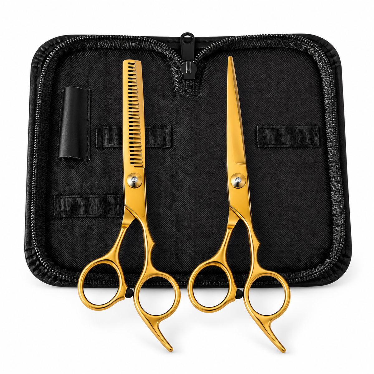 Par de tijeras 6 pulgadas Gold de corte y entresacar con estuche negro sobre fondo blanco