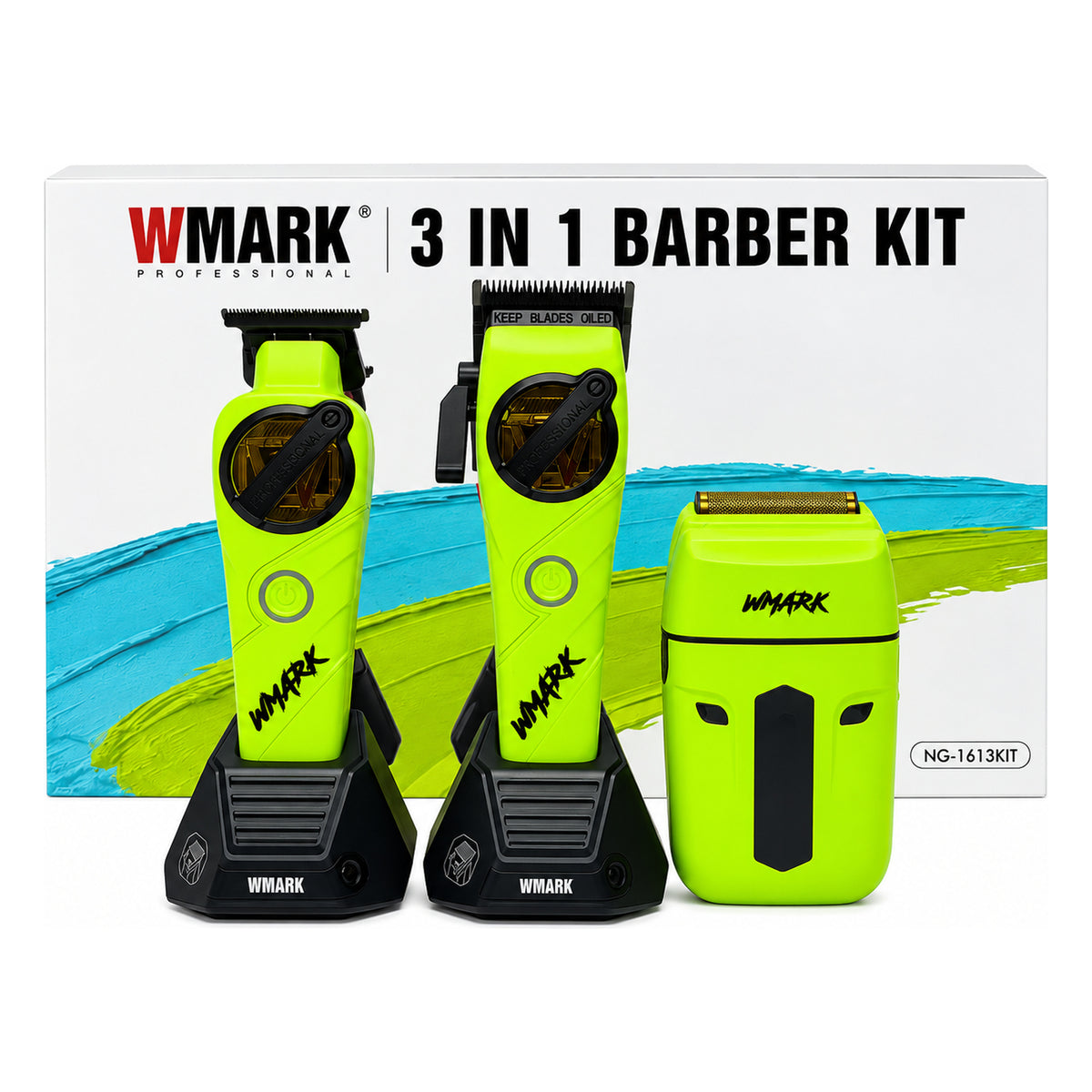 Combo WMARK NG-1613 3 en 1 Barber Kit Verde Neón con su caja